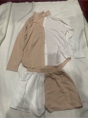 Fashion Nova Two-Piece Colorblock Short Set - Beige & White
